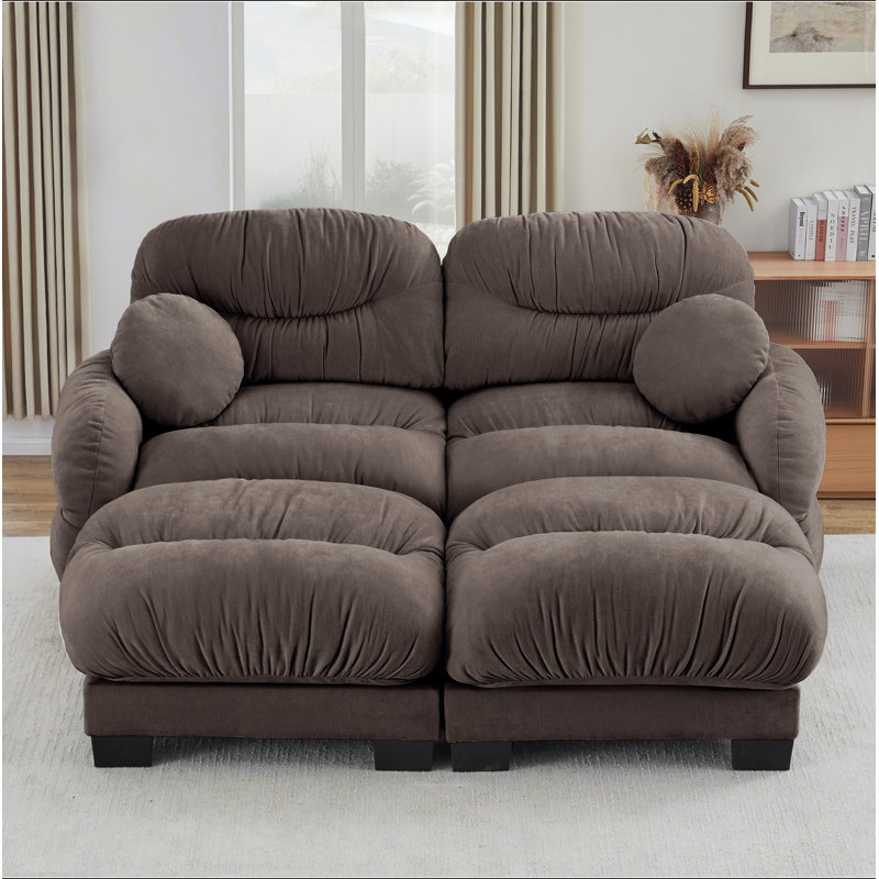 Canapé modulaire confortable à 2 places en tissu de chenille plissé avec siège ergonomique en mousse haute densité, canapé modulaire en forme de L avec 2 repose-pieds, accoudoirs arrondis arrondis et 2 coussins décoratifs ronds