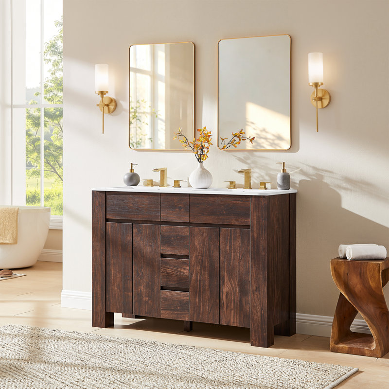 Ensemble de meuble-lavabo double 48 po avec meuble de rangement 48 po, Noyer foncé