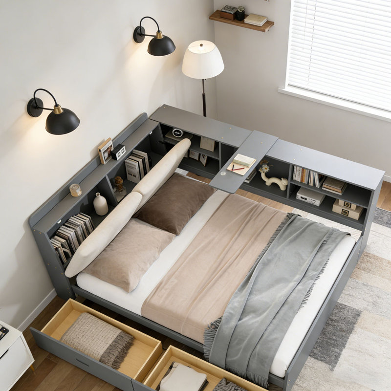 Lit plateforme en bois avec tête de lit, Gris, Lit double