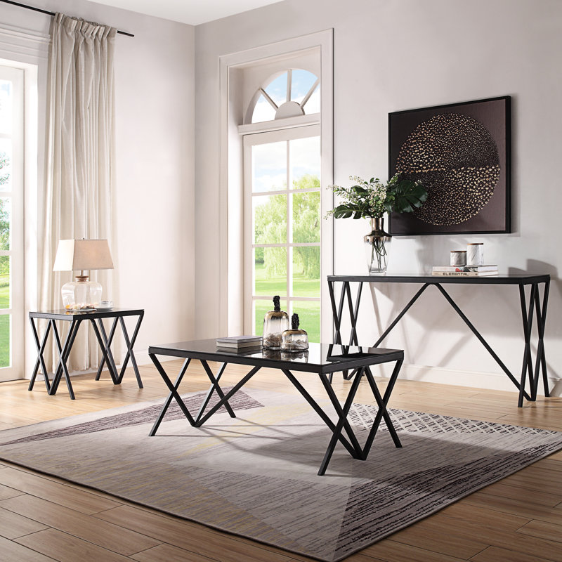 Table de bout noire et en verre avec une base tubulaire en métal élégante et stable dans un cadre supérieur de 8 mm
