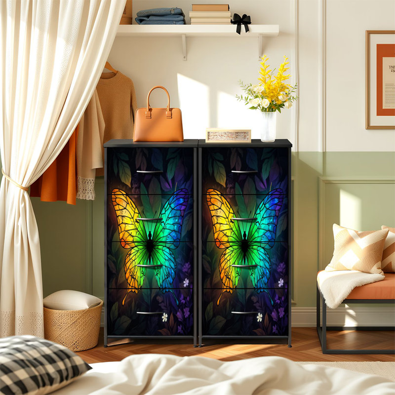 Commode pour chambre à coucher avec 4 tiroirs de rangement Rainbow Butterfly