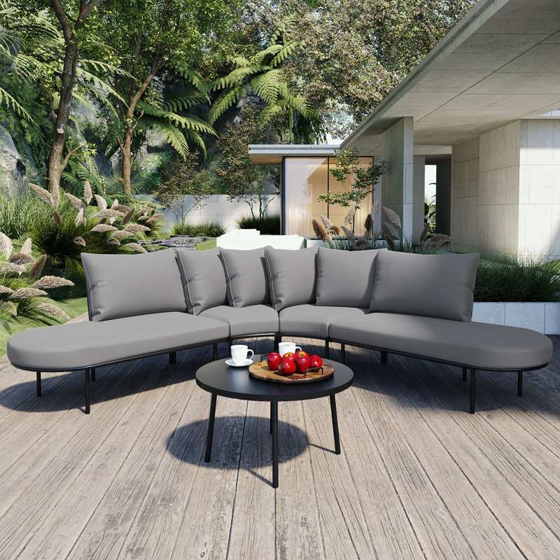 Half- Moon Curved Outdoor Sofa Set with Coffee Table and Backrest Cushions, Grey