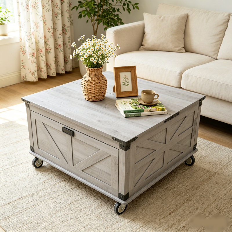 Farmhouse Style Lift Top Coffee Table With Storage And Charging Functionality, Grey