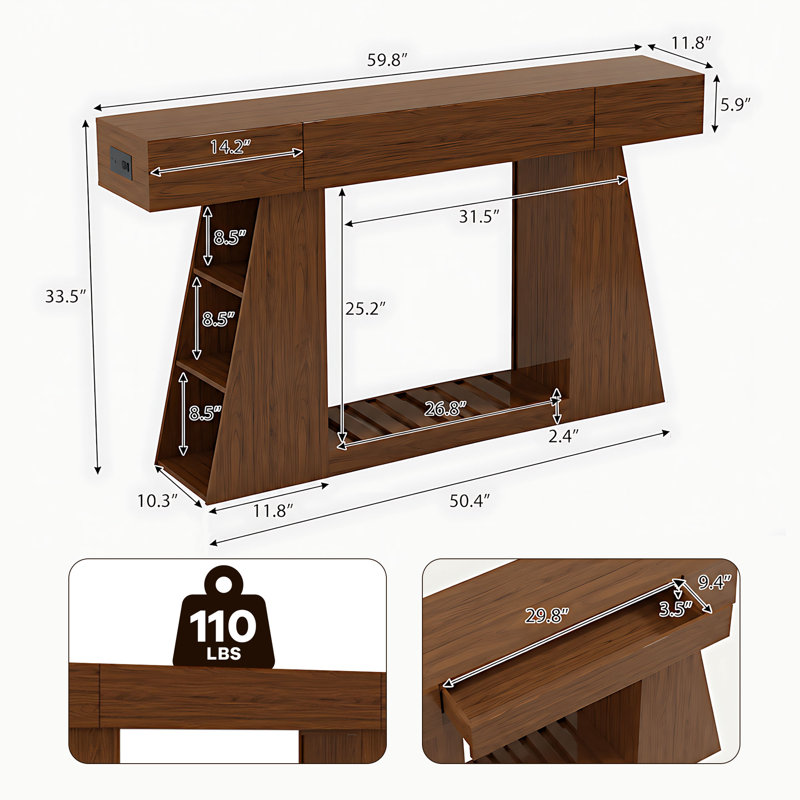 Console étroite de 152 cm avec prise électrique intégrée, table d'appoint rectangulaire de style ferme à placer derrière un canapé, aspect bois, avec compartiments latéraux et tablette de rangement ouverte à lattes pour l'entrée, le salon ou le couloir.