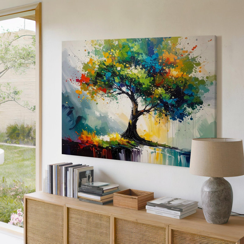Art mural mural arbre vibrant paysage abstrait avec toile brossée dynamique prête à accrocher, H 30 po x l 30 po