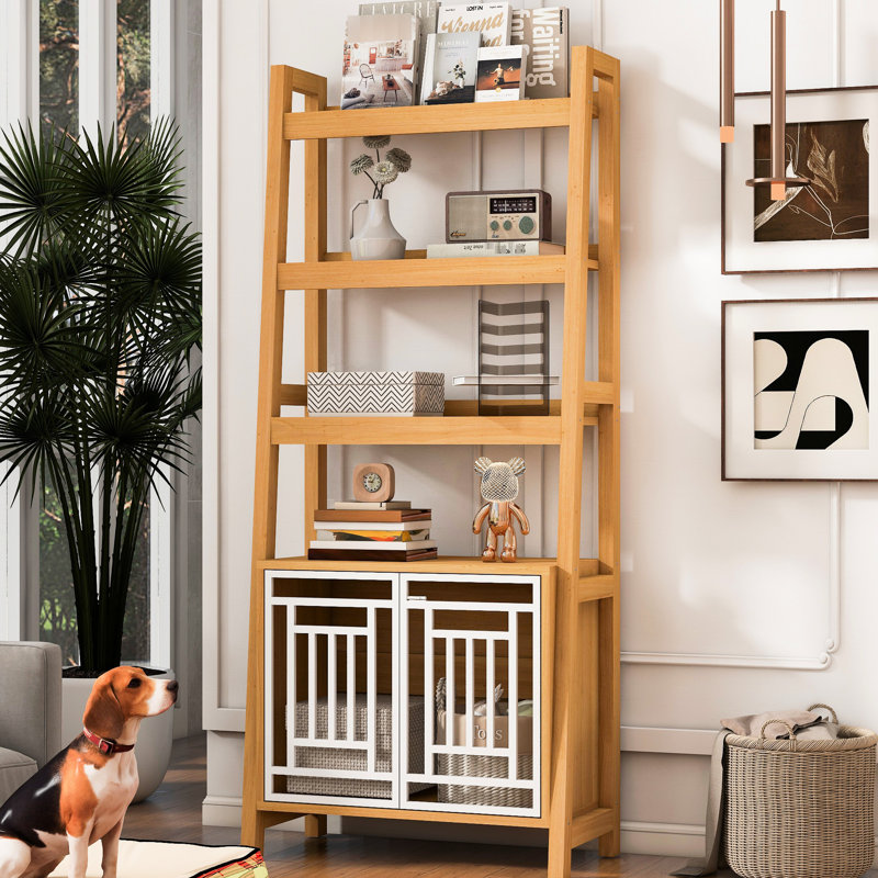 Modern 2 IN 1 Dog Furniture Dog Crate Ladder Bookshelf, Tall Wood Display Shelf  With Storage, Dog Kennel Bookcase For Small-Sized Dogs Up To 50Lbs, 32.5"L