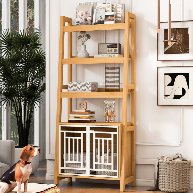 Étagère élégante avec portes d'armoire géométriques, convient aux chiens de petite et moyenne taille, présentoir à trois tablettes, rangement inférieur, bibliothèque inclinable peu encombrante dans les appartements, décor ouvert,