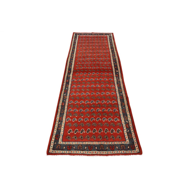 Tapis rouge rétro en laine noué à la main 3 pi 9 po x 10 pi Tribal