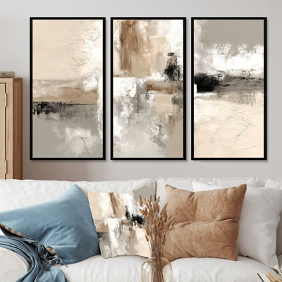 Brown And Black Brushstroke Abstract Painting  - Cubism Large Wall Art Print Set