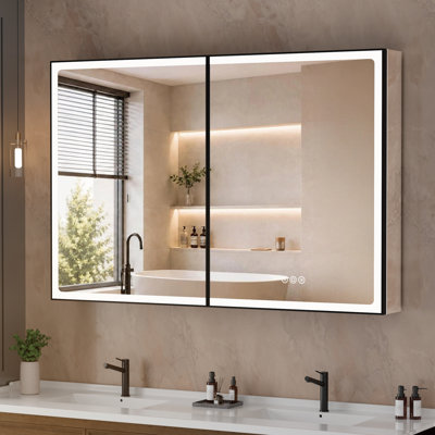 Armoire à pharmacie 48 po x l 32 po avec miroir, armoire de salle de bain encastrée ou à fixation en surface avec lumières DEL, cadre en aluminium, anti-buée, tablette réglable en verre trempé, lumière à intensité variable, prises et USB, noir