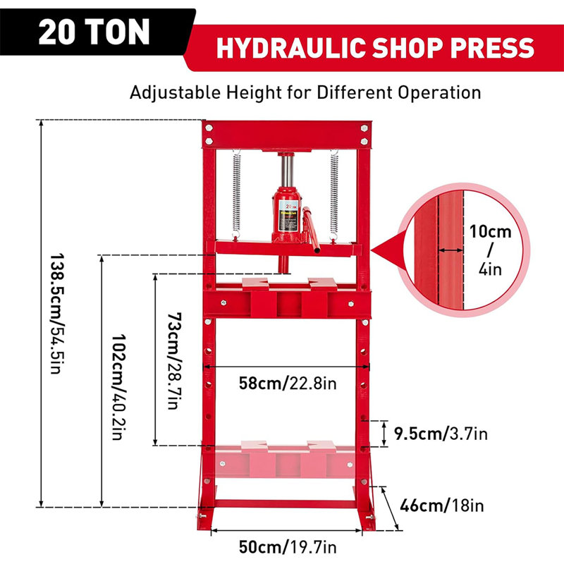 Presse d'atelier hydraulique de 20 tonnes, presse de plancher de garage réglable à cadre en H robuste avec plaques de presse, outil de pliage et d'emboutissage hydraulique pour une utilisation en atelier ou en atelier
