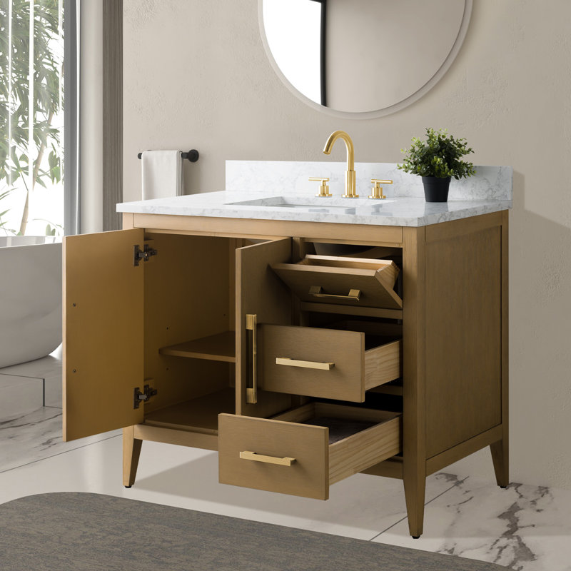 Meuble-lavabo simple 42 po avec plateau en marbre, Chêne naturel, Doré brossé