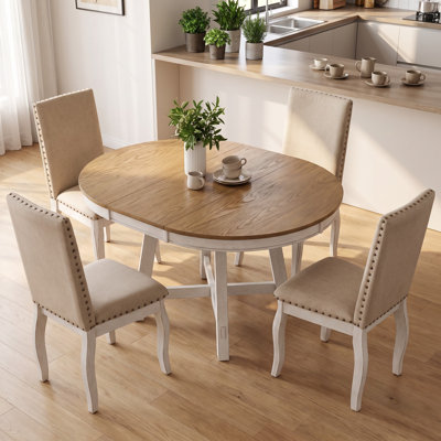 5-Piece Farmhouse Extendable Round Dining Table Set with 4 Upholstered Chairs, Curved Solid Wood Legs & Nailhead Trim – Extendable Dining Set for Dini
