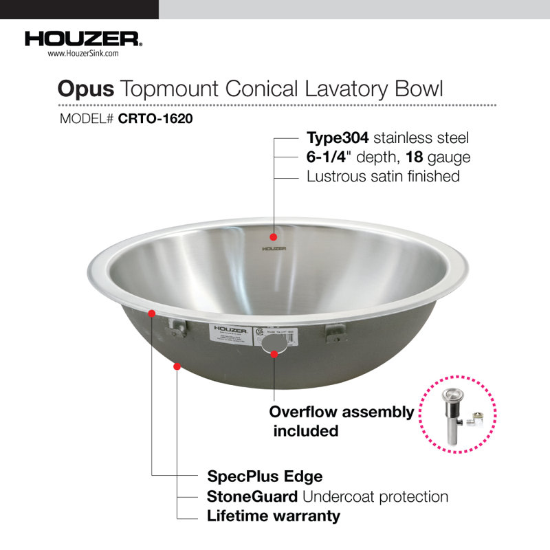 Houzer Club 16.75'' Metal Circular Bathroom Sink, Avec trop-plein