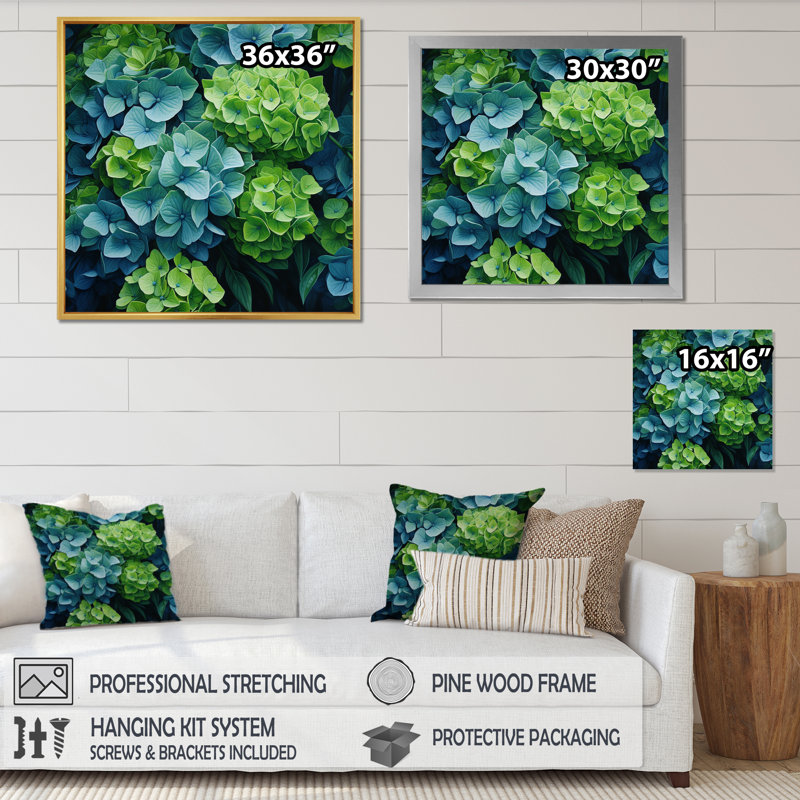 Vert, bleu, hortensia, fleurs d'émeraude - art mural encadré hortensia, H 30 po x l 30 po x P 1 po, Cadre simple noir