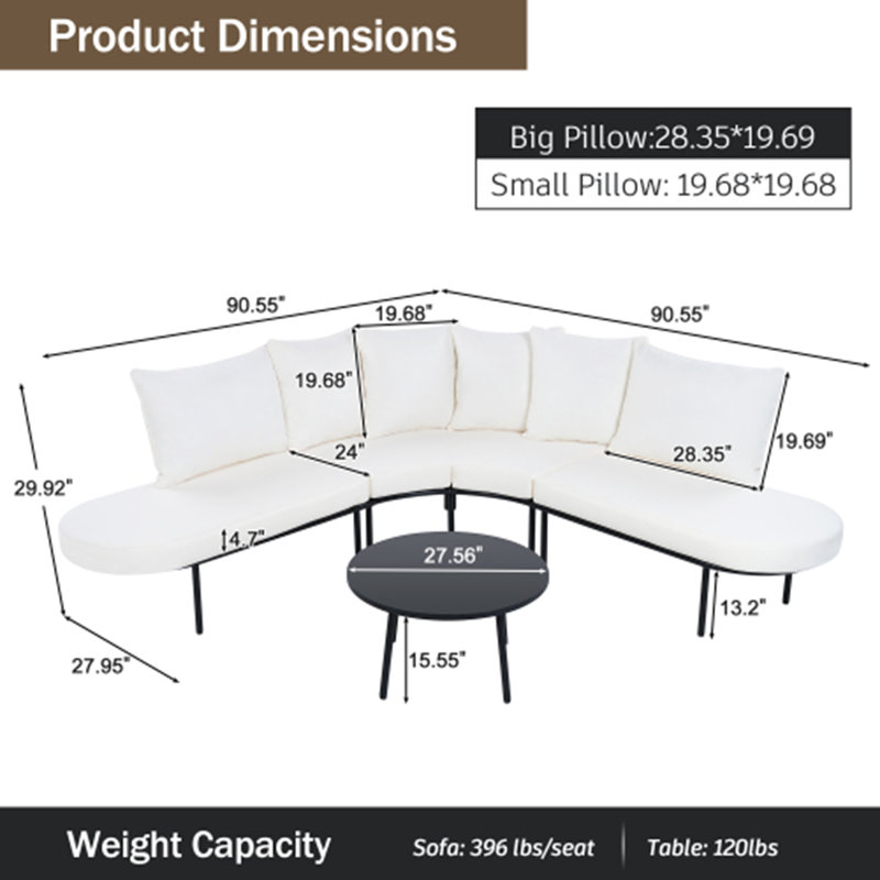 Ensemble de canapé d'extérieur courbé en demi-lune avec table basse, ensemble de conversation pour l'extérieur avec cadre en fer pour 6 personnes GO
