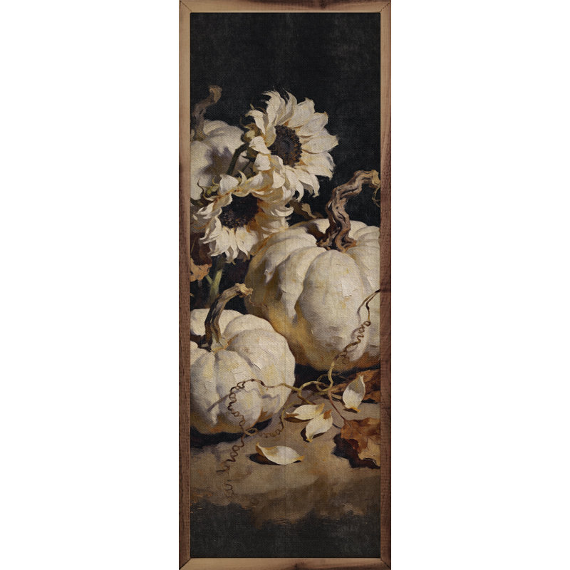 Citrouilles blanches et tournesols, H 48 po x l 16 po