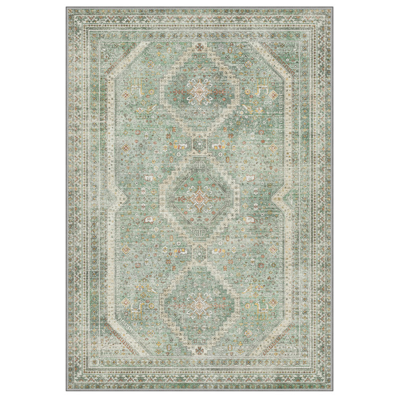 Medallia Geometric Diamond Medallion Sage / Beige Indoor Oriental Performance Area Rug,Machine Washable,with Non-Slip Backing