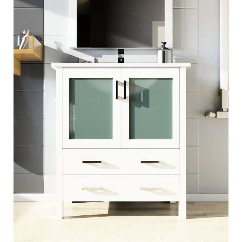 30 po Meuble-lavabo blanc, fermeture douce, bois massif et contreplaqué E0, 2 tiroirs et 1 meuble-lavabo de rangement pour articles de salle de bain, charnières fermées, espace