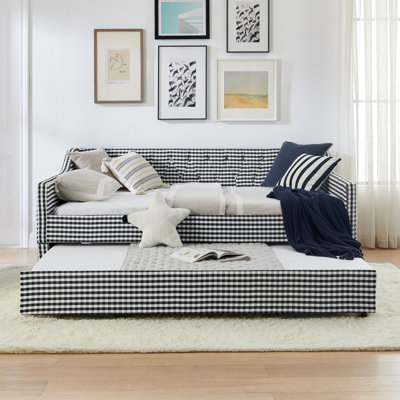 Lit de jour pleine grandeur, lit de jour convertible rembourré avec dossier capitonné, canapé-lit polyvalent 3 en 1 avec lit gigogne escamotable et rangement latéral, parfait pour un salon compact - noir