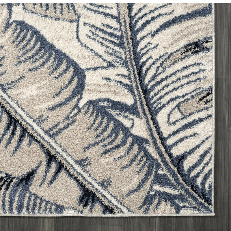 Tapis beige à motif de feuilles tropicales Threadgill SED220A, Rectangle 7 pi 9 po x 10 pi 2 po