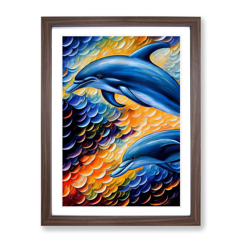 Two Dolphin No.1 - Wall Art, Paper Walnut Framed, 34cm H x 25cm W x 2cm D