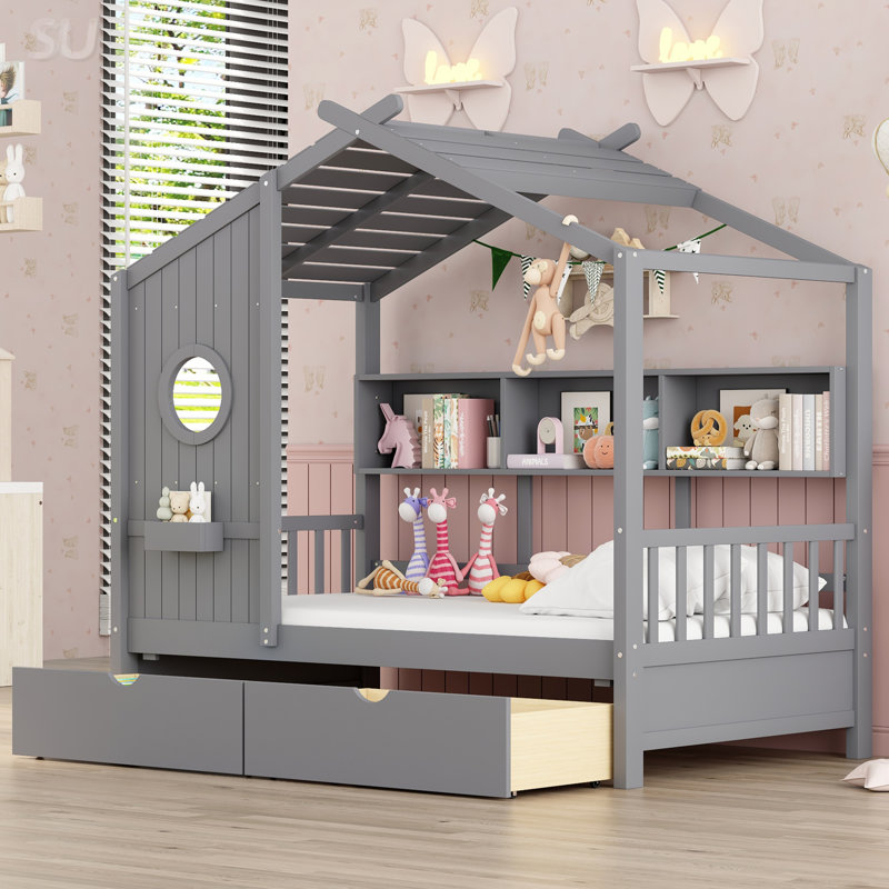 Lit simple avec 2 tiroirs, lit simple avec tablette de rangement, Gris, Lit simple