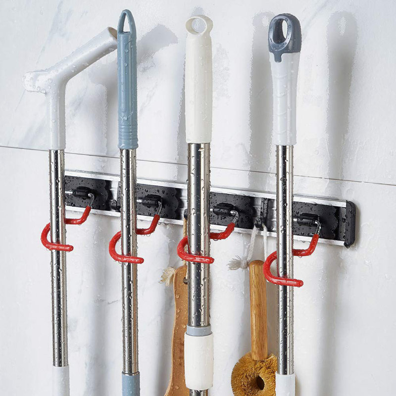Organisateur de balai mural anti-dérapant pour porte-balai en acier inoxydable de type S (17 pouces, 4 positions 3 crochets, rouge noir) (17 pouces)
