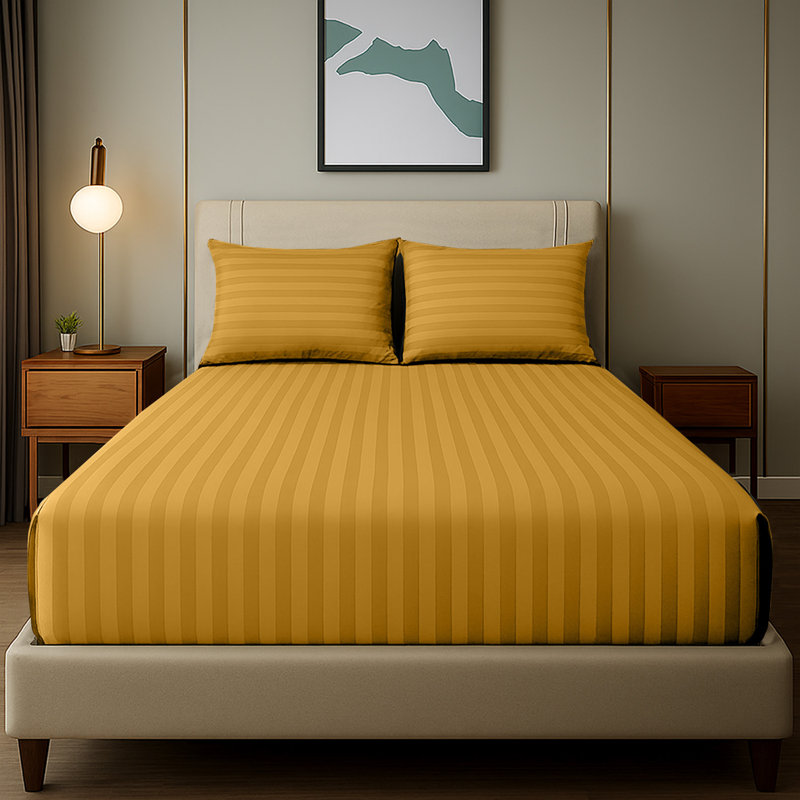Soft & Cozy 40cm Extra Deep Pocket Microfiber Striped Fitted Sheet, Ochre, Double (4'6)