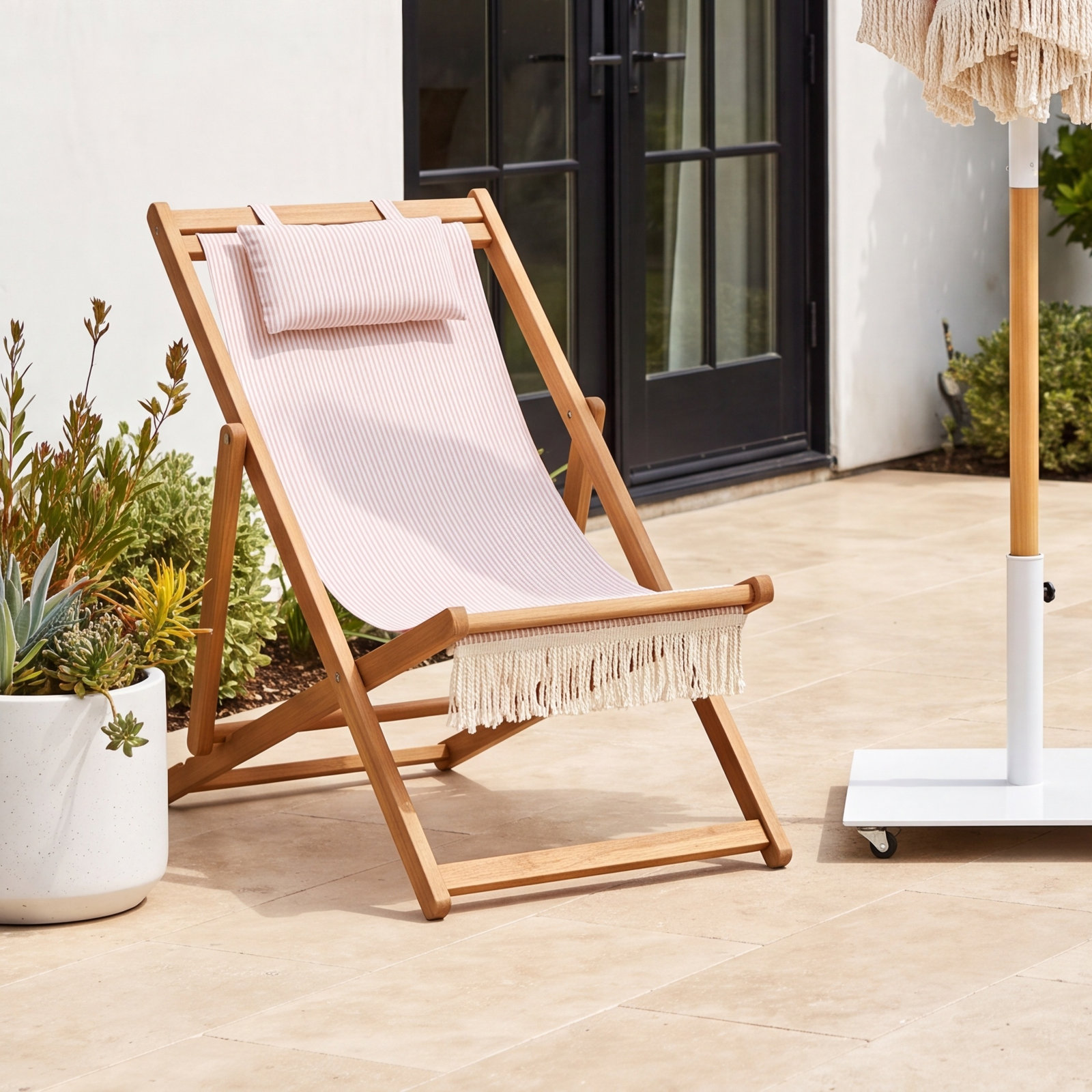 Folding Deck Chair with Cushion, Lauren's Pink Stripe
