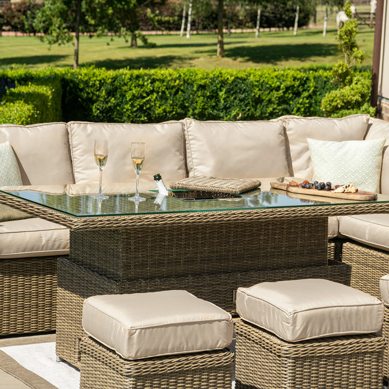 Balch Deluxe Large Rattan Corner Dining Set - with Rising Table & Armchair, Taupe, Brown