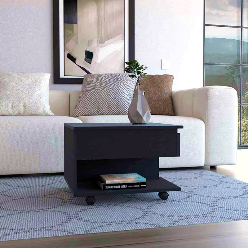 Table basse à plateau relevable, roulettes, une tablette