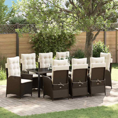  Ensemble de salle à manger de jardin avec coussin 9 pièces en rotin de polyester brun