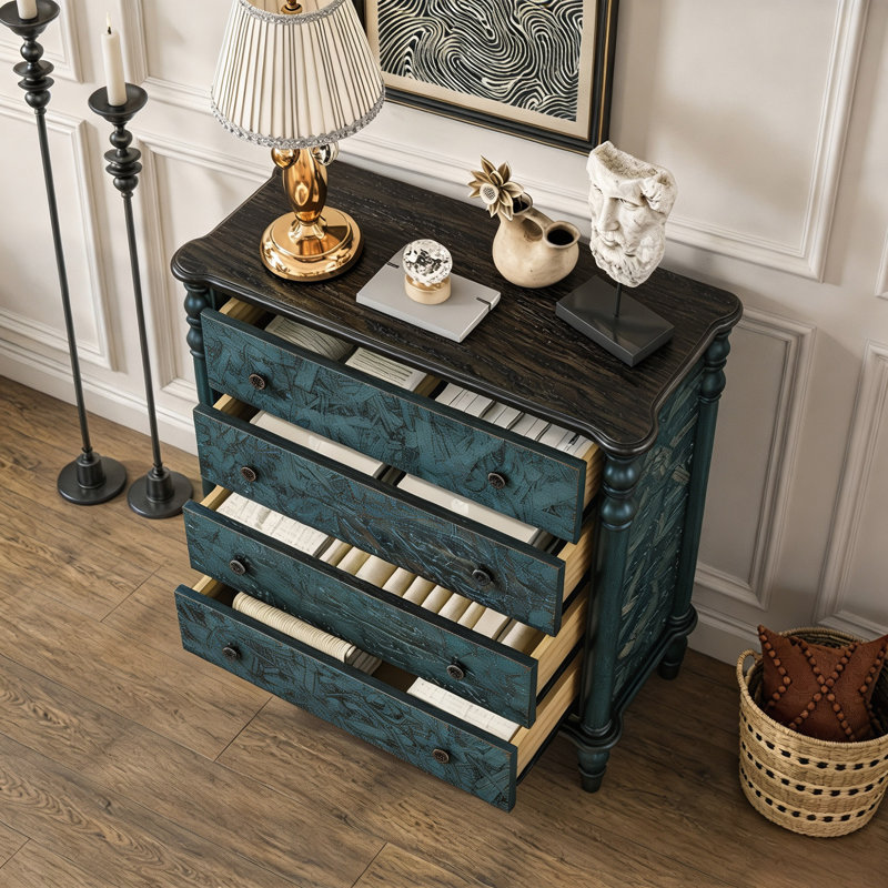 Buffet en bois de 81 cm de hauteur, commode à 4 tiroirs pour chambre, couloir ou entrée., Marine