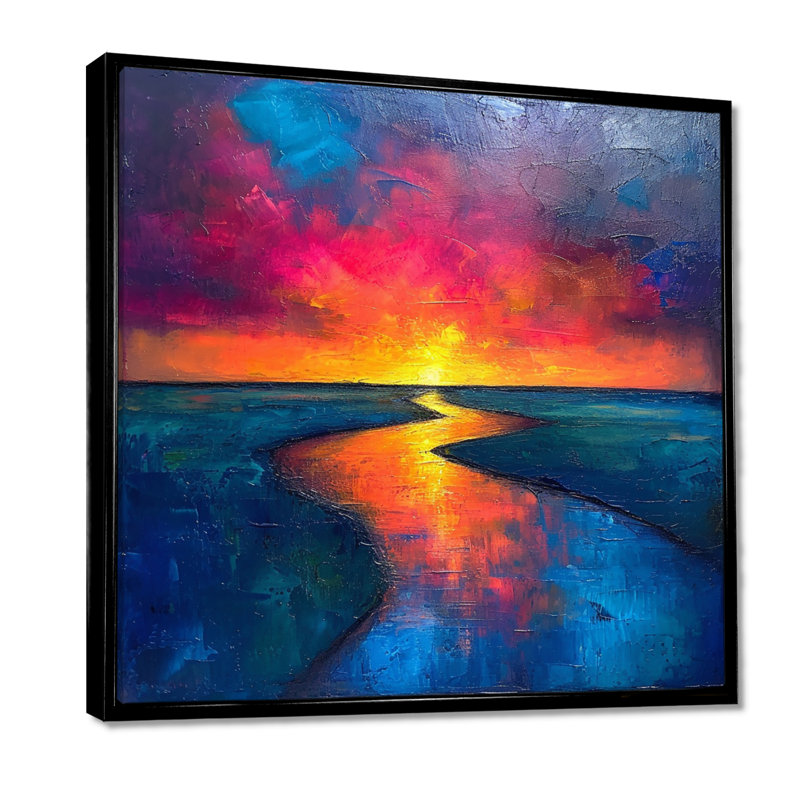 Coucher de soleil jaune sur la rivière bleue, Toile avec cadre flottant noir, H 16 po x l 16 po x P 1 po