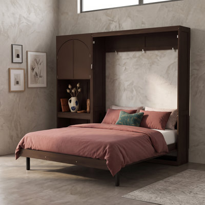 Queen Size Murphy Bed with Built-in Desk, Storage Cabinet, LED, Drawers and Open Shelves