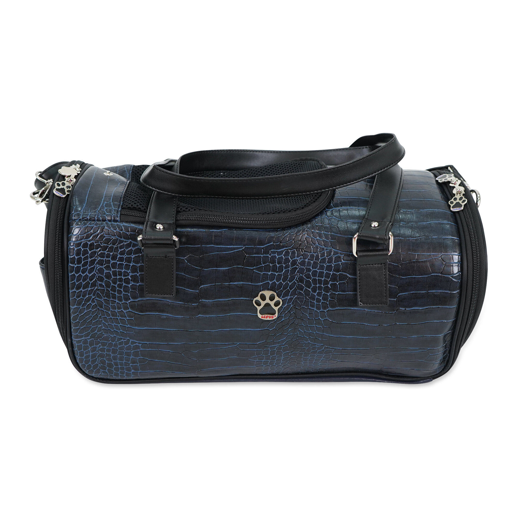 Sussexhome Small Dogs and Cats Faux Alligator Leather Travel Tote Pet Carrier Color: Navy DFFLCR-NV