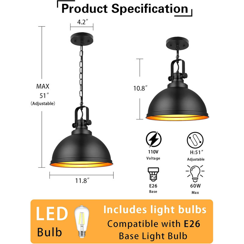 Luminaire suspendu noir en forme de dôme noir rétro de 11,8 po pour îlot de cuisine pour salle à manger, salon, salle à manger, vestibule et entrée