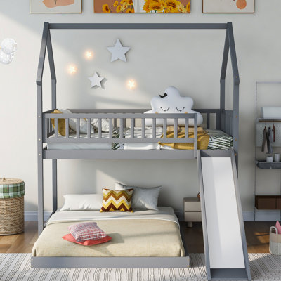Lit superposé simple au-dessus d'un lit double gris avec glissière, pour un accès facile au gris, s'adapte à plusieurs épaisseurs de matelas