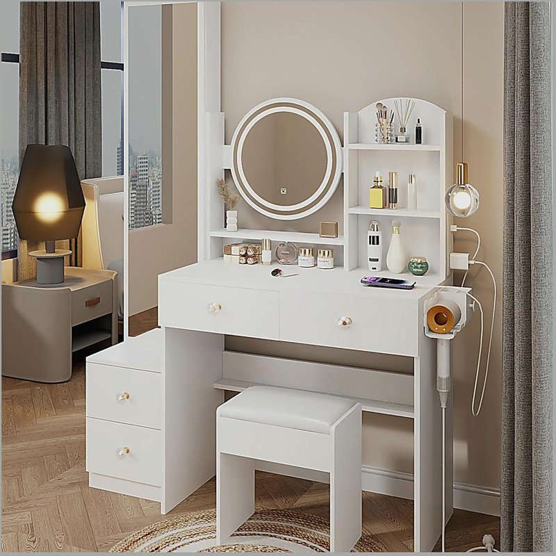 Armoire à miroir pleine grandeur + coiffeuse à miroir rond à DEL + tabouret rembourré, avec 2 centrales électriques + 2 centrales USB, miroir à DEL de 17 po de diamètre, commande tactile, 3 couleurs, luminosité réglable, grand bureau