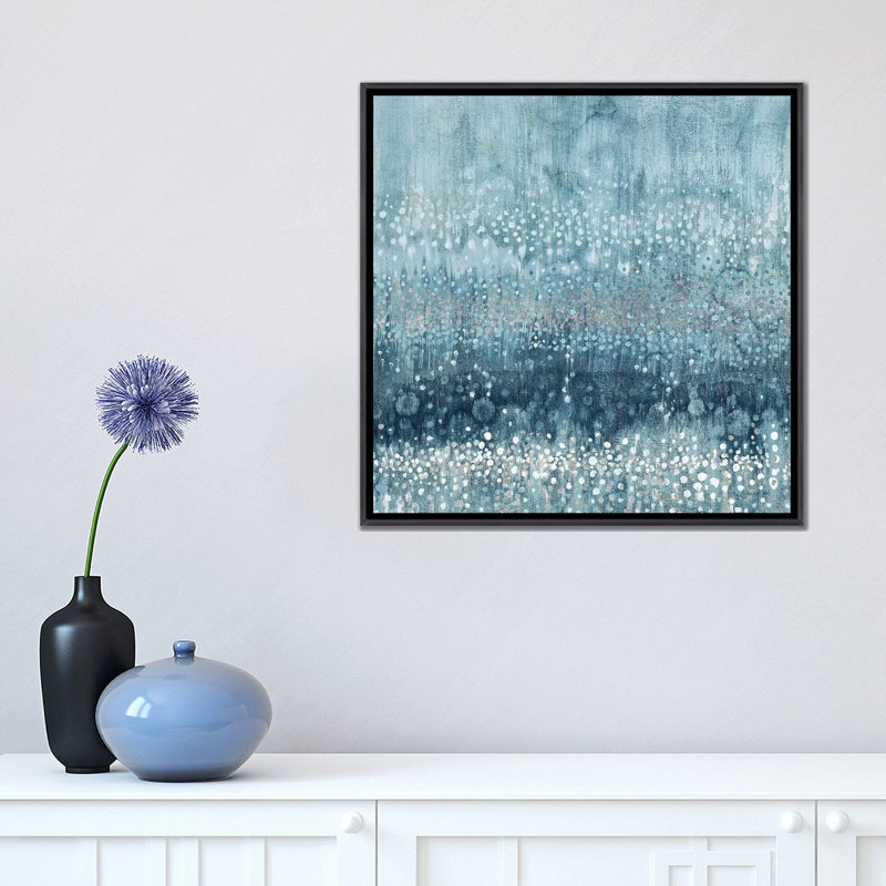 «Rain Abstract III Blue Silver» par Danhui Nai - reproduction d'art, Pas de tapis, H 18 po x l 18 po x 1,5 po