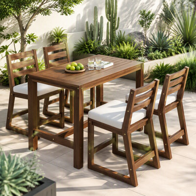 Ensemble de bar de patio rustique 5 pièces TREXM, ensemble de table de patio et chaises avec chaises ergonomiques, plateau de table à lattes en bois massif pour bord de piscine, balcon, cour arrière, véranda (coussin moka + beige)
