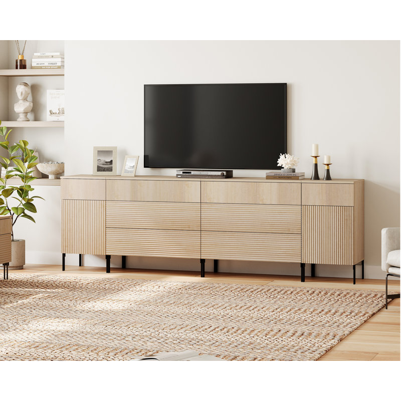 Meuble télé 94,5 po Aadham avec tiroirs, commode avec station de charge et console de télévision en bois avec rangement pour le salon