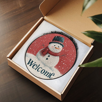 Welcome Snowman Winter Sign Stained Glass Panels Suncatcher for Window Decor
