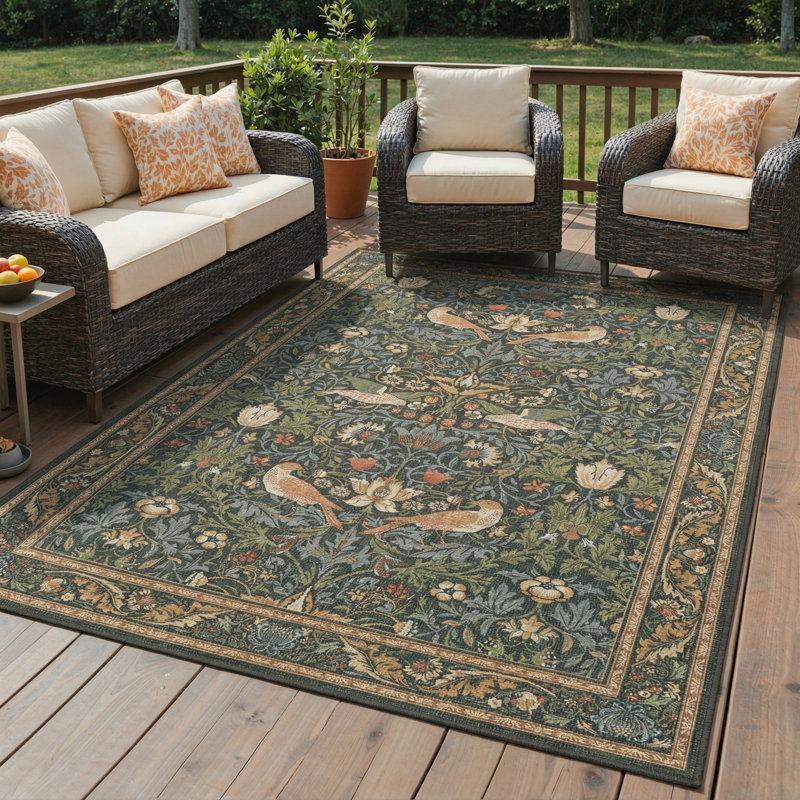  Floral Machine Washable Dark Green/Teal/Orange Indoor Area Rug With Non-Slip Backing, Rectangle 8' x 10'