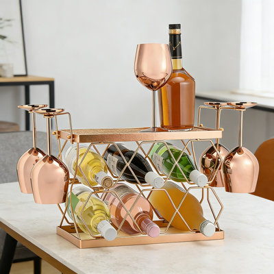 Organisateur de support à vin de comptoir avec porte-verre, rangement autoportant en métal à 2 niveaux pour 6 bouteilles et 4 verres, conception peu encombrante pour la cuisine, le bar ou la décoration intérieure