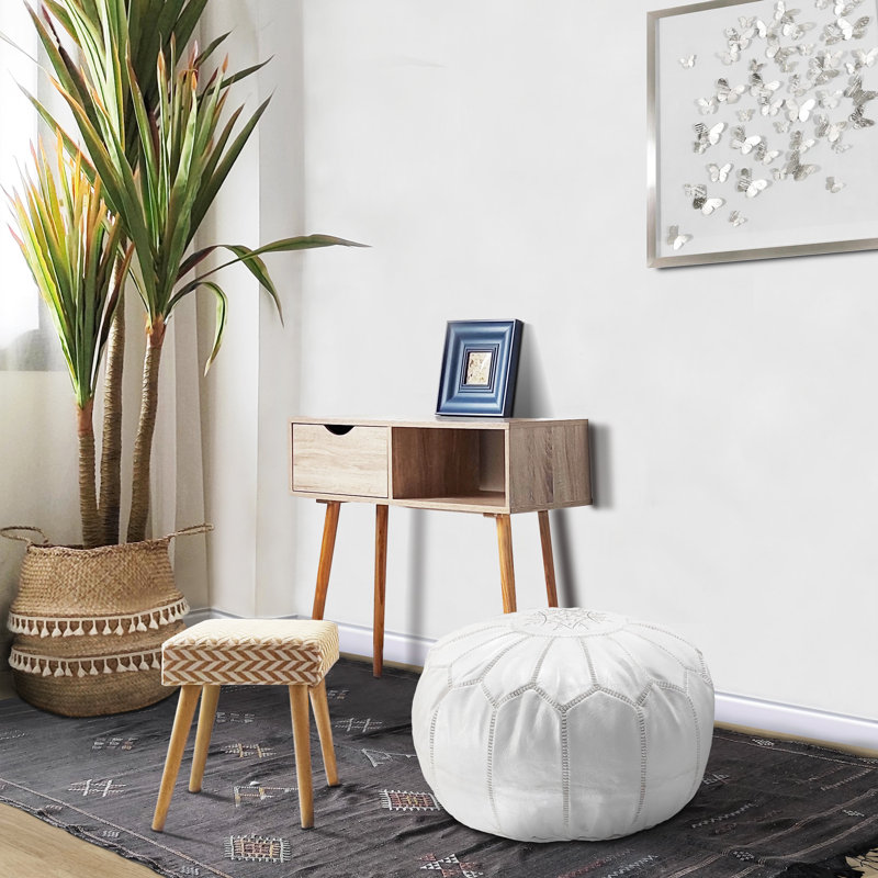 Leather Pouf, White Genuine Leather