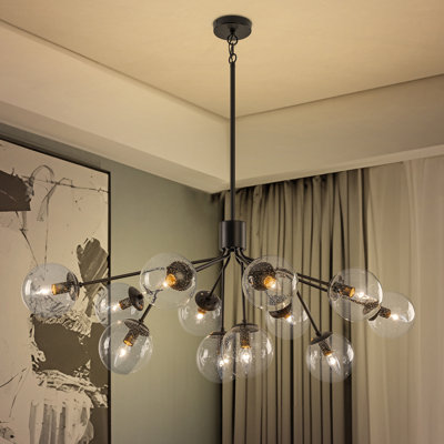 12-Light Modern Black Sputnik Chandelier with Bubble Glass Globes