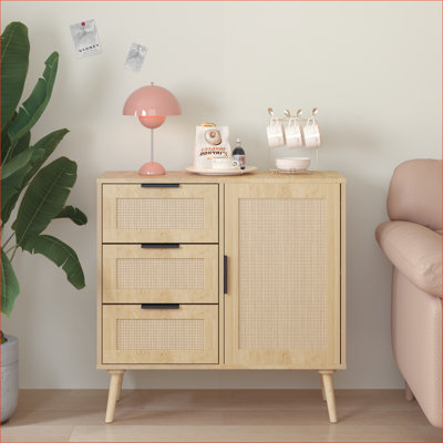 Cabinets | Modern Rattan Wood Storage Cabinet with Drawers &amp; Adjustable Shelf for Entryway Living Room Hallway | Walnut Brown | Bedroom