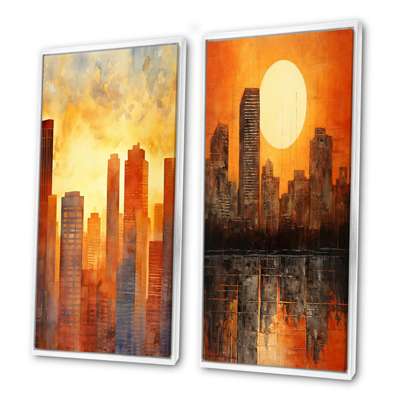 Coucher de soleil coucher de soleil sur une grande ville - gratte-ciel, ensemble de 2 impressions sur toile, Cadre blanc